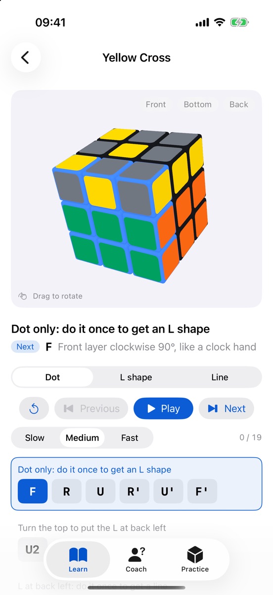 A 3D lesson showing the yellow cross step